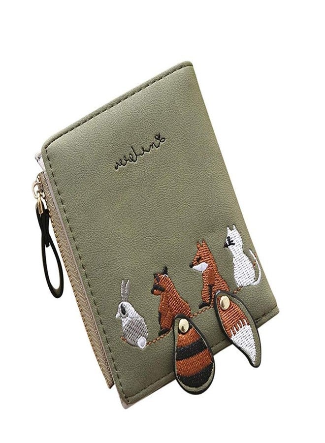 GUSTAVE® Green Stylish & Cute Mini Animals Embroidery Billfold Purse Short Wallet with Card Holder for Girls & Women Gift - Image 1